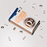 Vitamin D3 50000 IU supplement box surrounded by capsules on a white background.